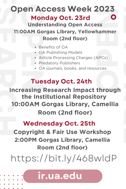 University Libraries to Host International Open Access Week  Celebrate the upcoming International Open Access Week, a global effort organized by SPARC, with University Libraries.  University Libraries will host a three day #OAWeek program on October 23-25 in Gorgas Library, with opportunities to attend sessions to learn about open access publishing, copyright and fair use, and how faculty and students can promote their scholarship through the Institutional Repository (IR).  To register, visit: https://ejbarreras.wufoo.com/forms/sh5gzh71r8c4hc/    This year’s theme is “Community over Commercialization” and encourages a candid conversation about which approaches to open scholarship prioritize the best interests of the public and the academic community—and which do not. Selected by the Open Access Week Advisory Committee, this year’s theme provides an opportunity to join together, take action, and raise awareness around the importance of community control of knowledge-sharing systems.  University Libraries continues to promote and support an open, inclusive, and diverse environment for creating and disseminating knowledge and scholarly communication. To learn more about sharing your research in the Institutional Repository, visit the IR Libguide or contact Elaine Walker, Scholarly Communications Librarian, at ir@ua.edu.