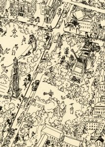 cartoon drawing showing aerial view of UA campus, image cropped from larger yearbook endpaper