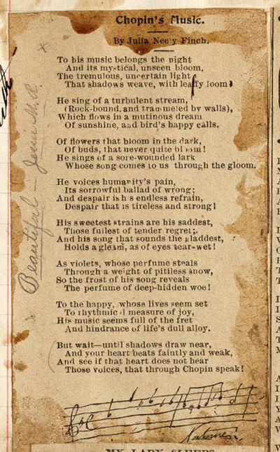 Clipping from commonplace book, poem, Chopin's Music, by Julia Neely Finch