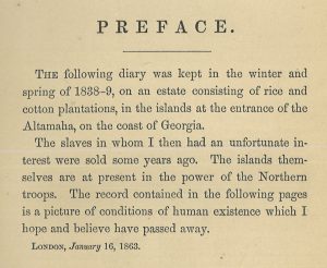 Partial page from Frances Ann Kemble's Journal of a Residence on a Georgia Plantation in 1838-1839. 1863.