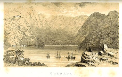Book page with illustration of a port on the island of Grenada