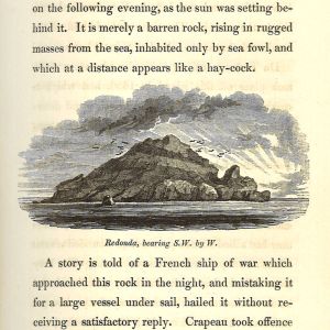 Portion of book page with illustration of the island Redonda with surrounding text