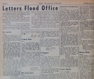 Closeup of the front page of the Crimson White newspaper, February 14 1956