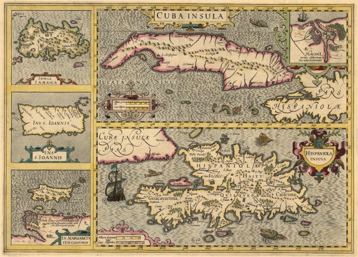 Sheet with five maps, including modern Jamaica, Hispaniola, Puerto Rico, Cuba, and St. Margarita, 1606