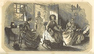 Three white women sitting in a cottage, with a white man standing in the doorway